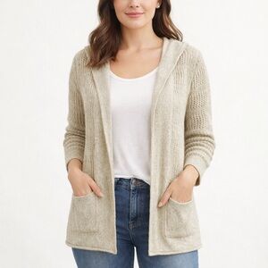 Eddie Bauer beige oatmeal crochet hooded long cottage cardigan sweater pockets S